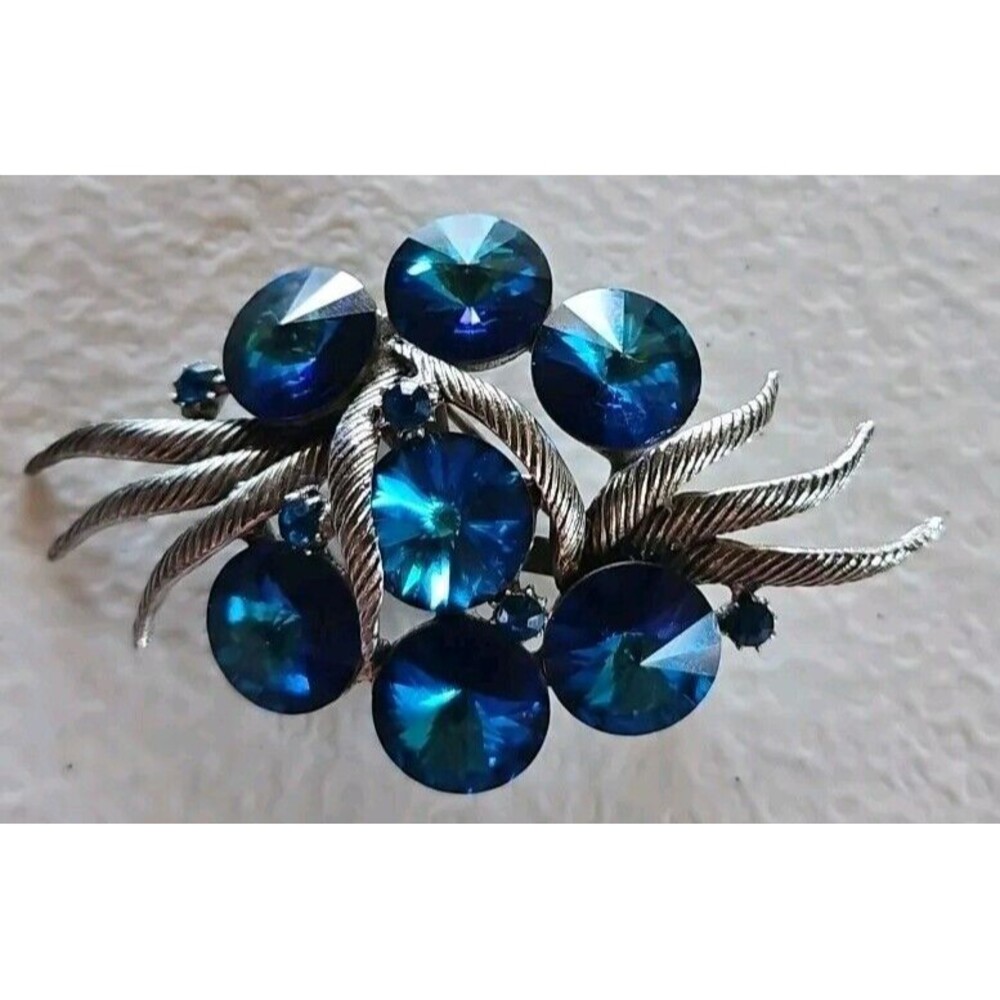 Watermelon Peacock Rivoli Rhinestone Brooch, Silver Tone Vintage